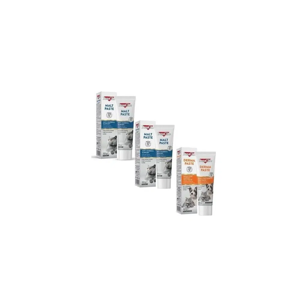 Bonacibo 3'lü Kedi Bakım Seti: 2 Adet Anti-Hairball Malt Macun + 1 Adet Derma Tüy Bakım Macunu (3X100G)