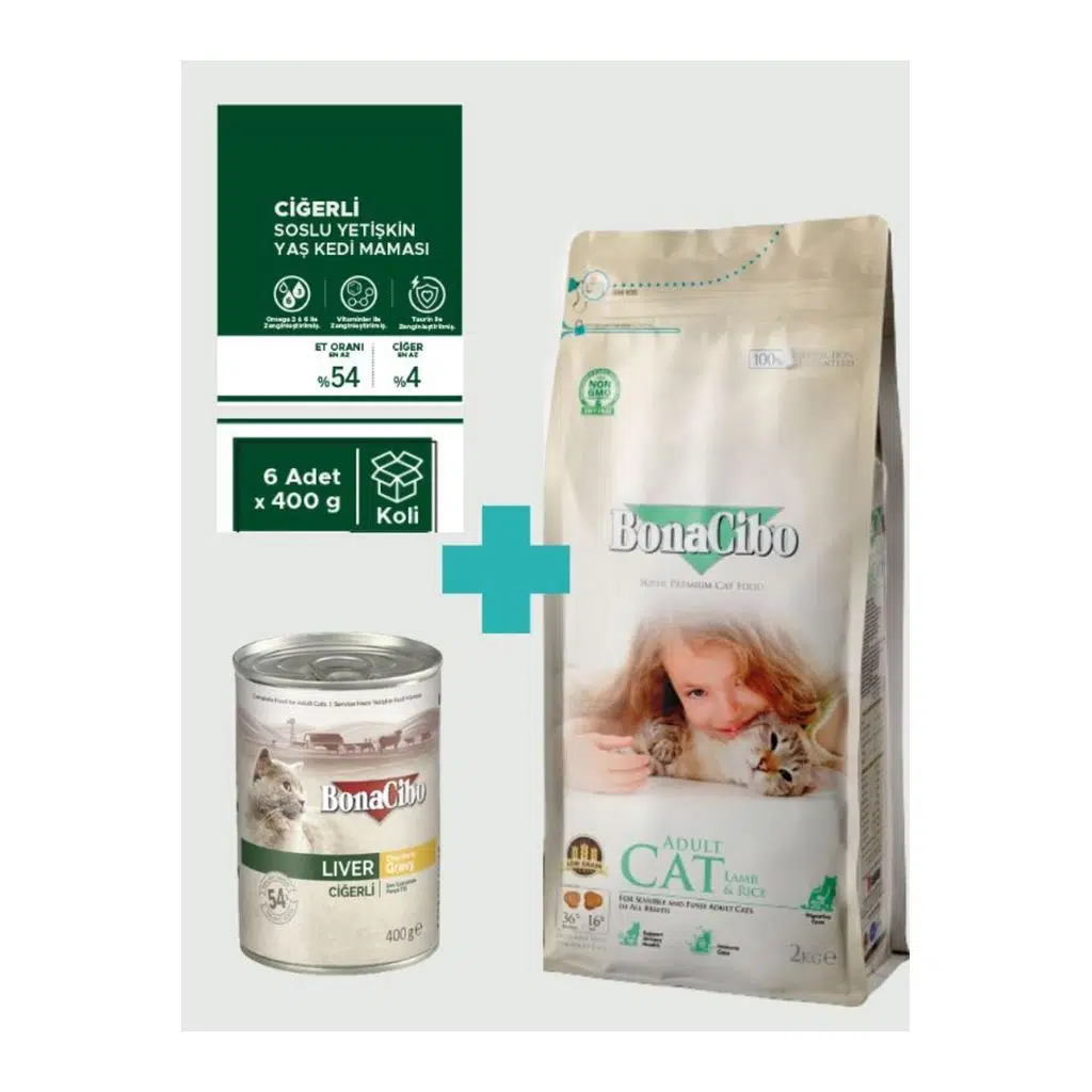 Bonacibo Adult Kuzulu Kuru Mama 2 Kg & Soslu Ciğerli Konserve Avantaj Paketi (6x400 gr)