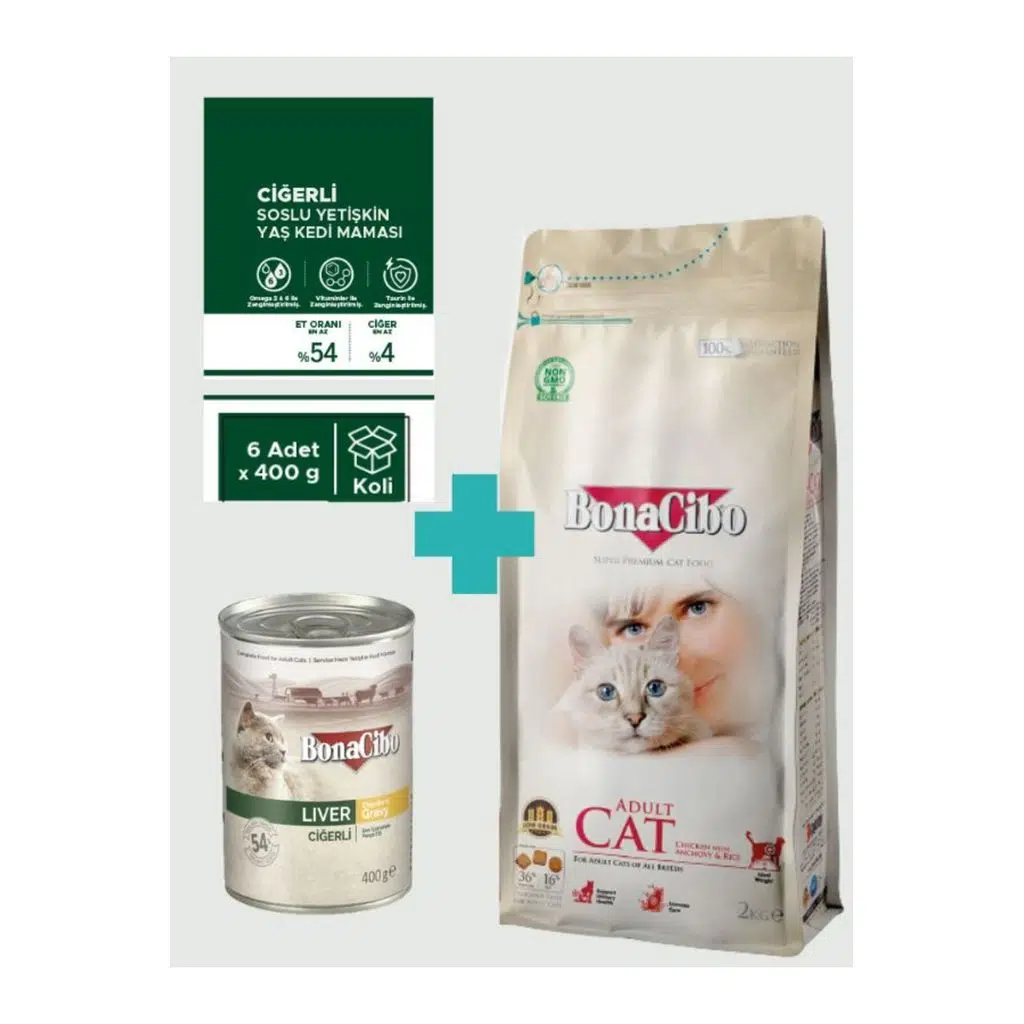 Bonacibo Adult Tavuklu Kuru Mama 2 Kg & Soslu Ciğerli Konserve Avantaj Paketi (6x400 gr)