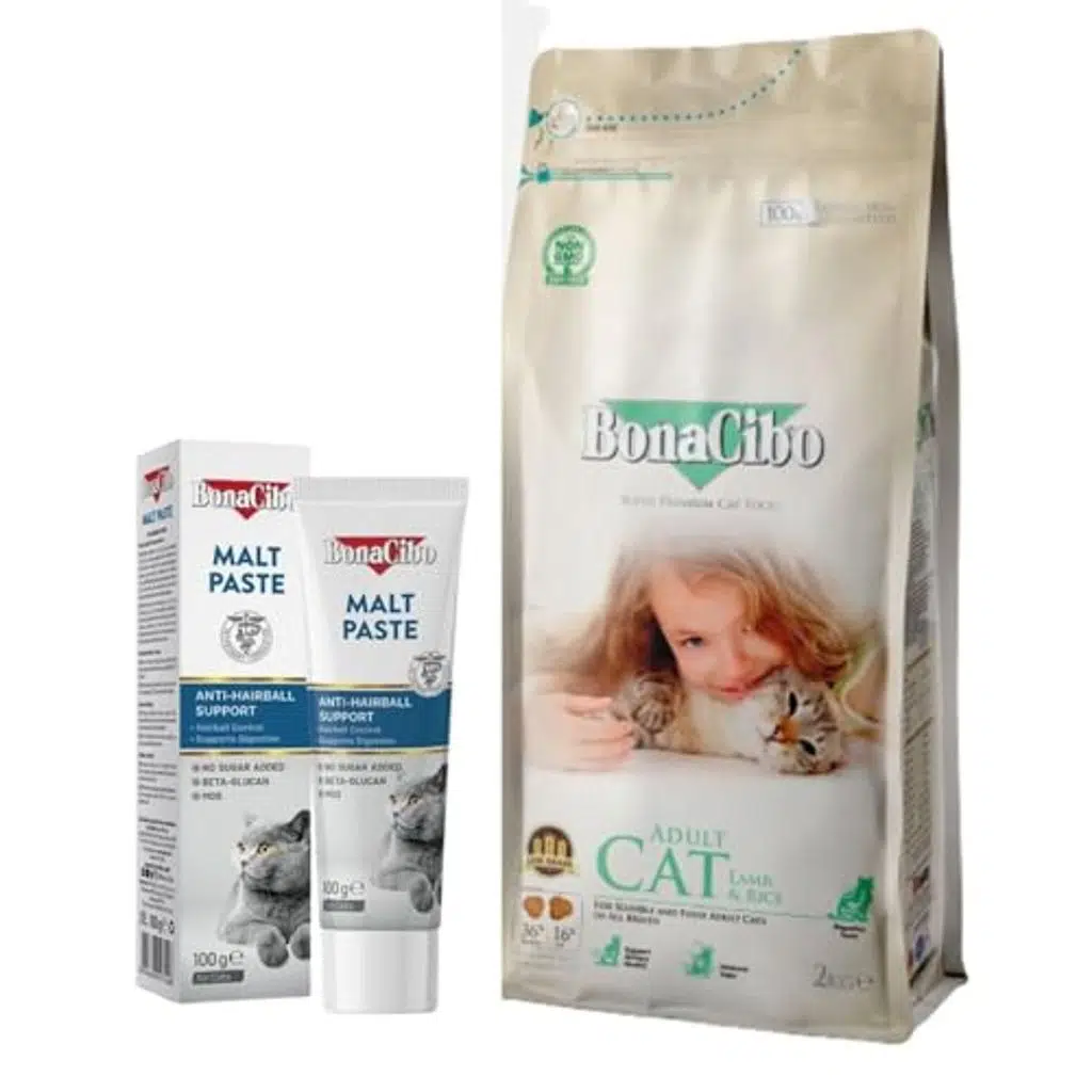 BonaCibo Adult Cat Kuzu Etli ve Pirinçli Kuru Mama (2 Kg) ile BonaCibo Malt Paste (100g)