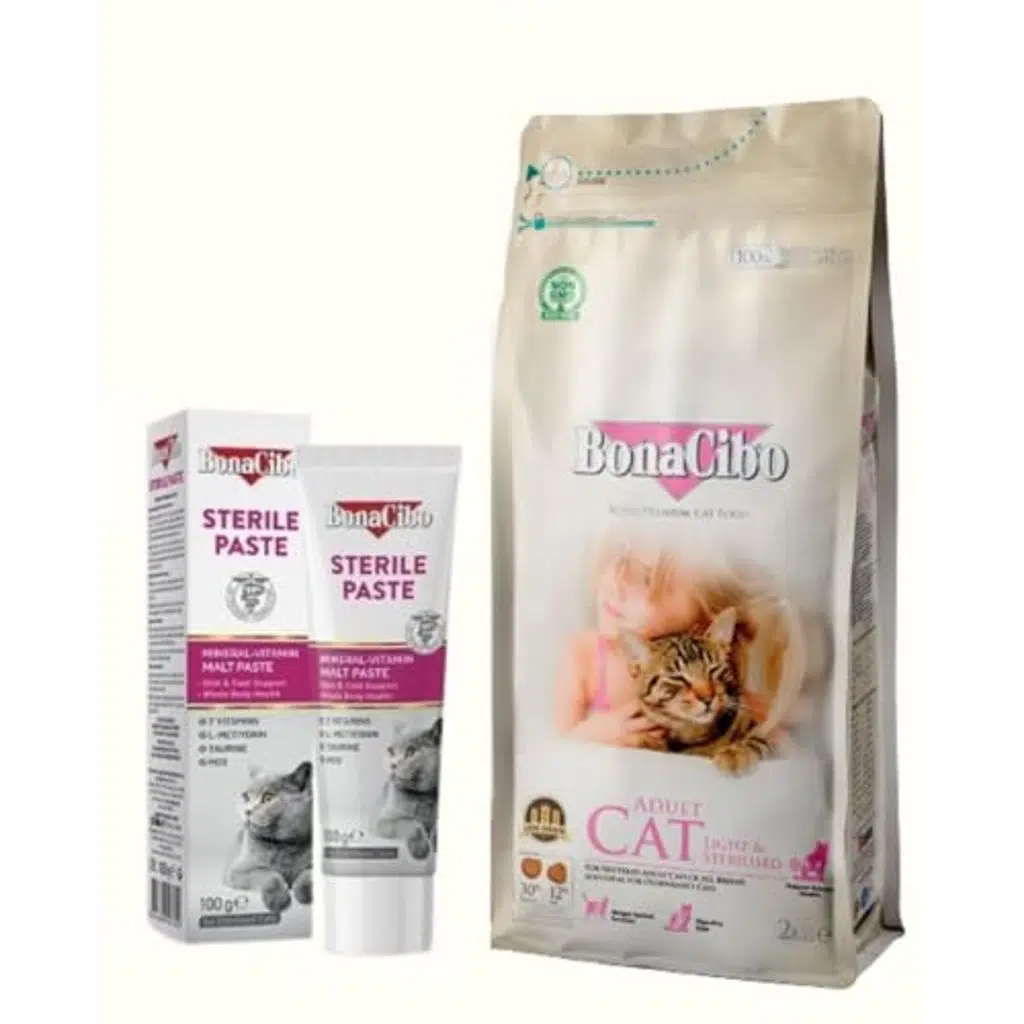 BonaCibo Kısırlaştırılmış Kedi Bakım Seti: Light & Sterilised Kuru Mama 2 Kg ve Sterile Paste Vitamin Macunu 100g