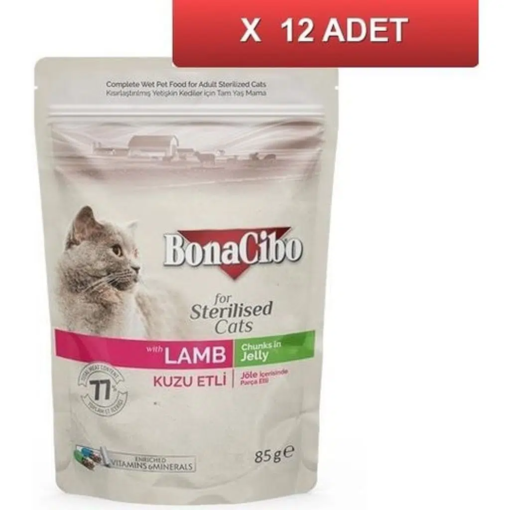 Bonacibo Pouch Kuzu Etli Kısır Kedi Konservesi 85 gr (12 Adet)
