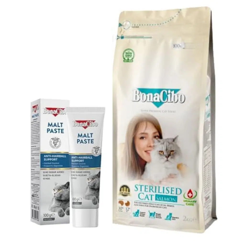 BonaCibo Somonlu ve Balıklı Kısırlaştırılmış Kedi Maması 2 Kg + Malt Paste 100 gr - Balık Sever Kedilere Özel Set