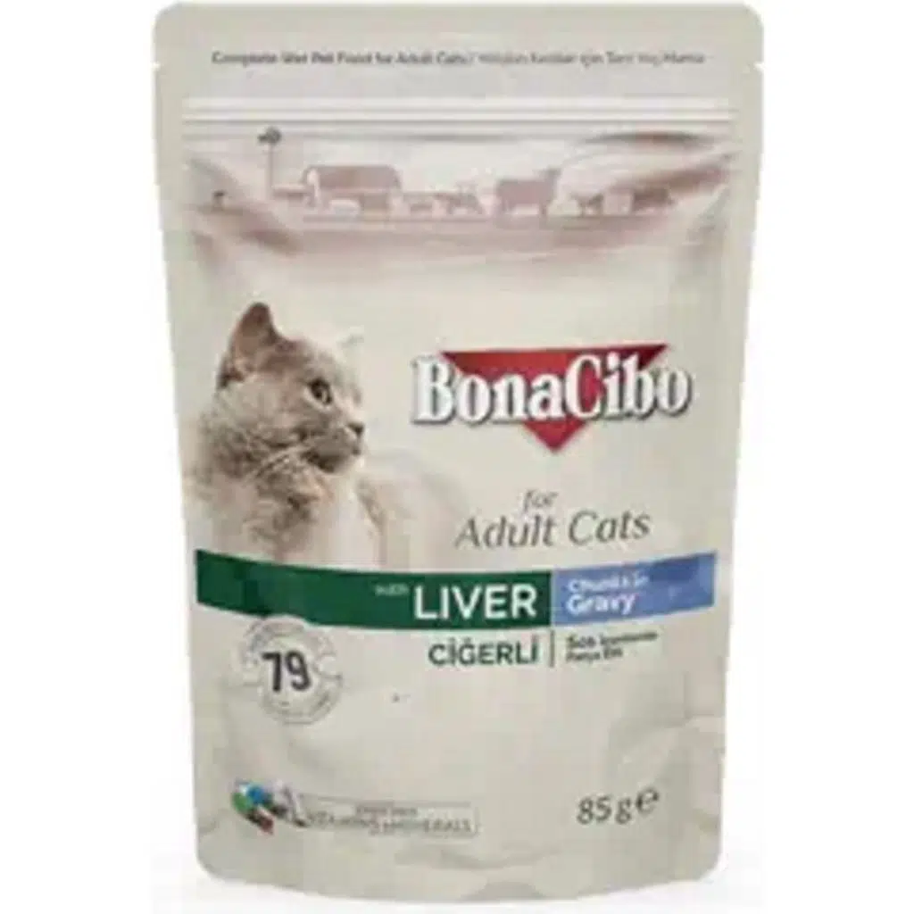 BonaCibo Soslu Ciğerli Pouch Yetişkin Kedi Yaş Maması 85 gr x 12 Adet