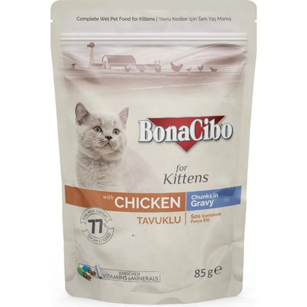 BonaCibo Soslu Tavuklu Pouch Yavru Kedi Yaş Maması 85 gr X12 Adet