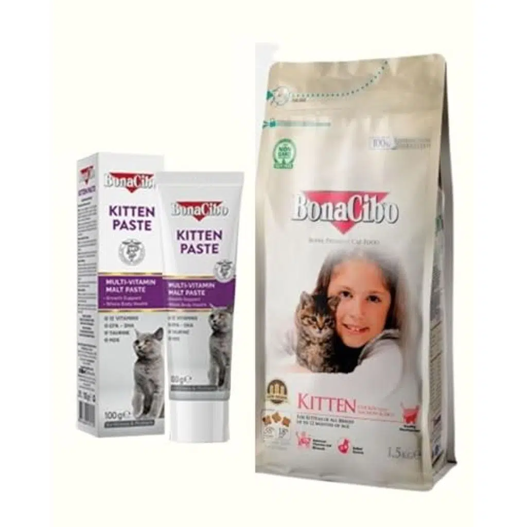 BonaCibo Yavru Kedi Başlangıç Seti: Tavuklu Kuru Mama 1.5 Kg ve Kitten Paste Multivitamin Macun 100g