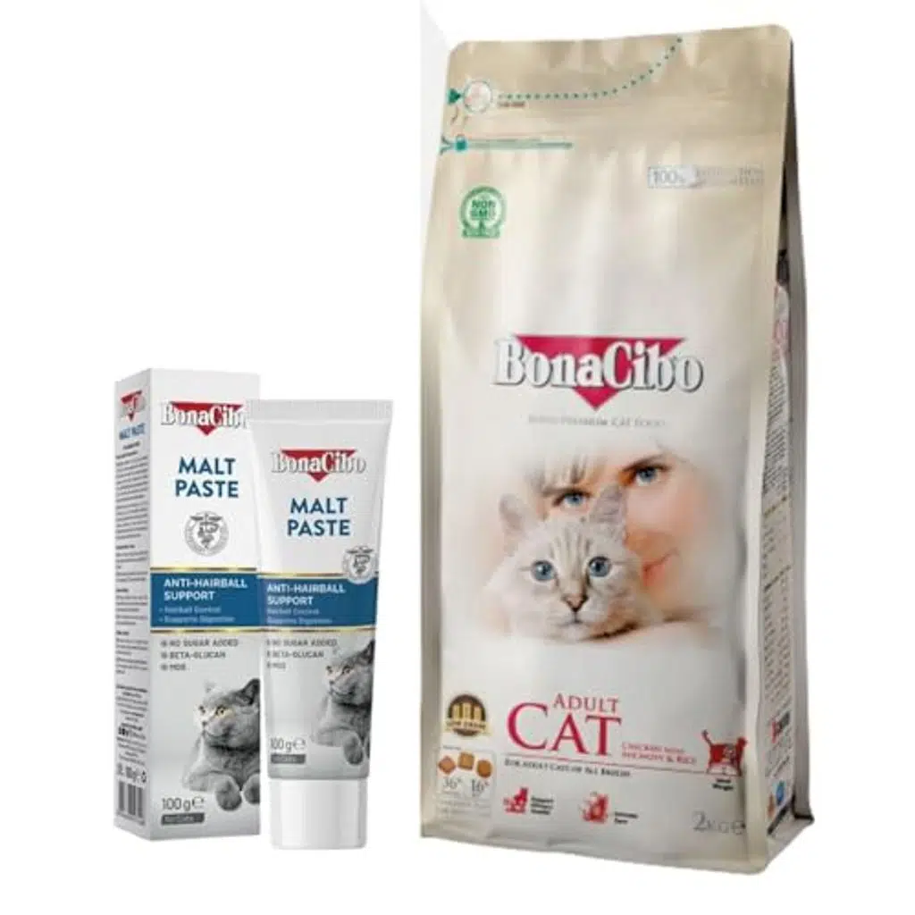 BonaCibo Yetişkin Kedi Bakım Seti: Tavuklu ve Hamsili Kuru Mama 2 Kg ve Malt Paste Tüy Yumağı Macunu 100g