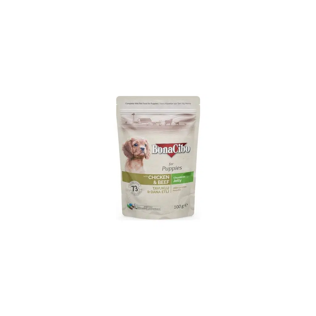 Bonacibo Jöleli Tavuklu-Dana Etli Pouch Yavru Köpek Yaş Maması 100 gr X12 Adet