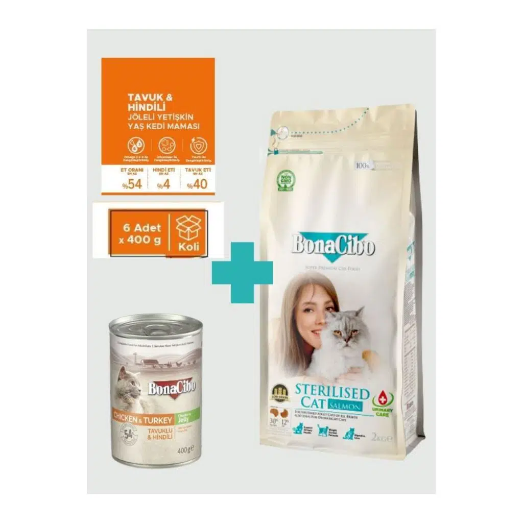 Bonacibo Kısırlaştırılmış Somonlu Kuru Mama 2 Kg + Tavuklu & Hindili Yaş Mama 400g x 6 Adet