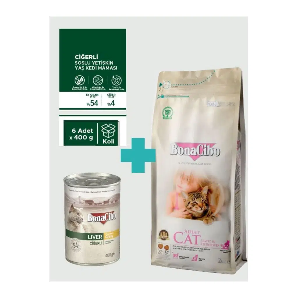Bonacibo Kısırlaştırılmış Tavuklu Kedi Maması 2 Kg + 6 Adet 400 gr Ciğerli Yaş Mama