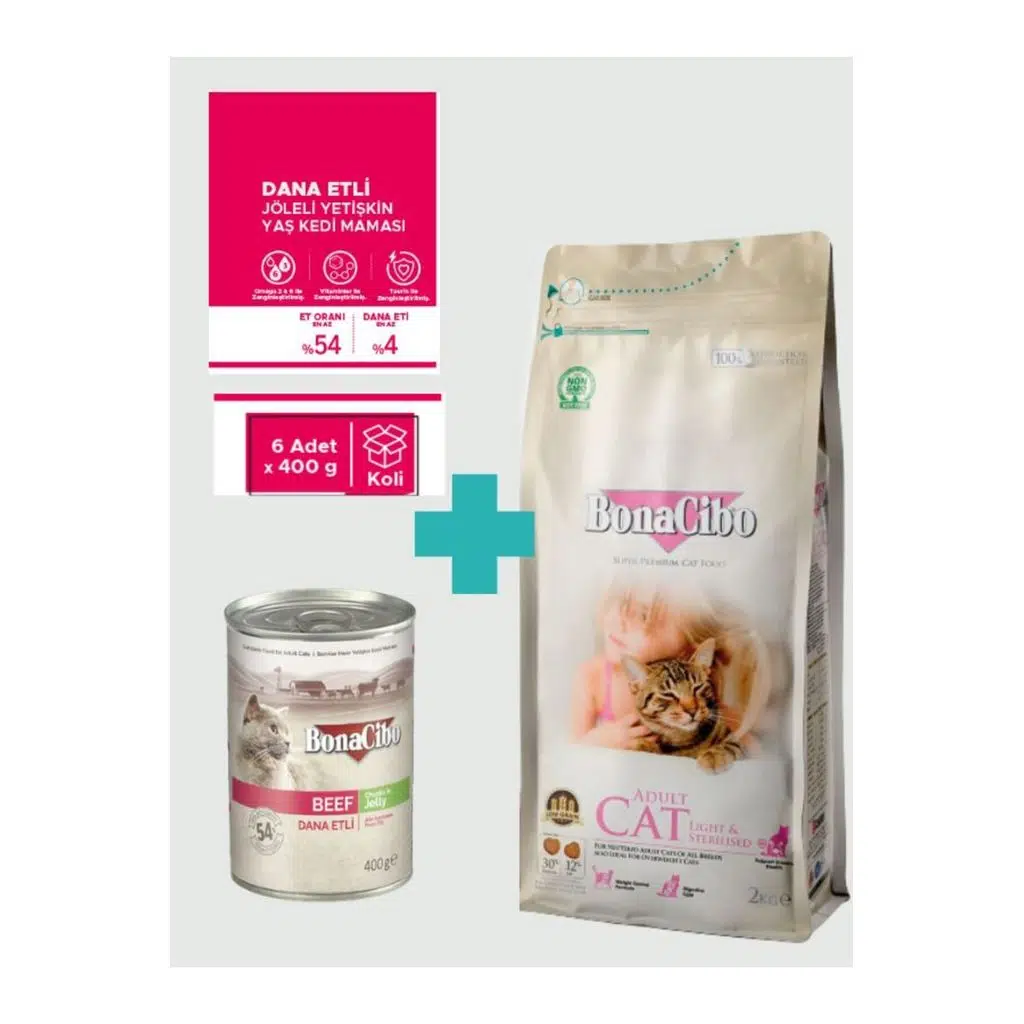 Bonacibo Kısırlaştırılmış Tavuklu Kedi Maması 2 Kg + 6 Adet 400 gr Sığır Etli Yaş Mama Seti