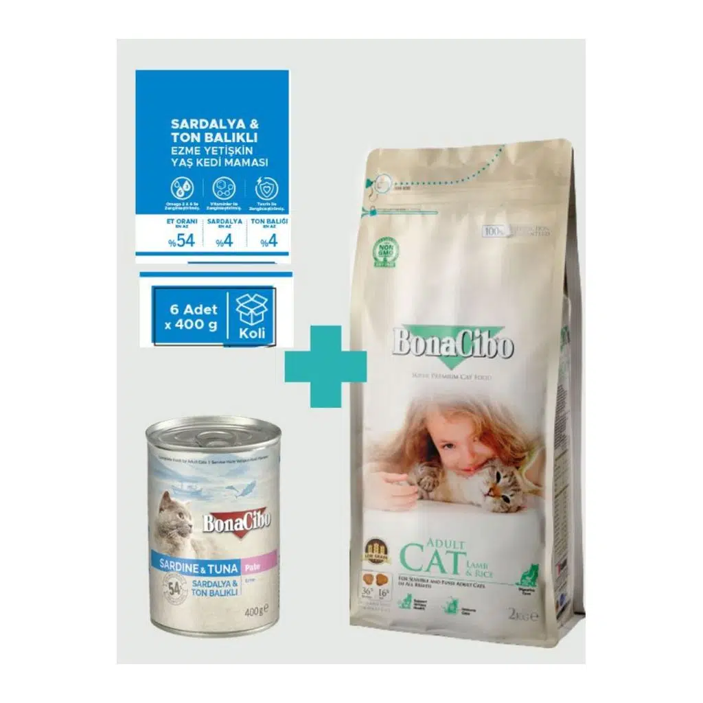 Bonacibo Kuzulu Kuru Mama 2 Kg & Deniz Ürünlü Ezme Yaş Mama Avantaj Paketi (6x400 gr)