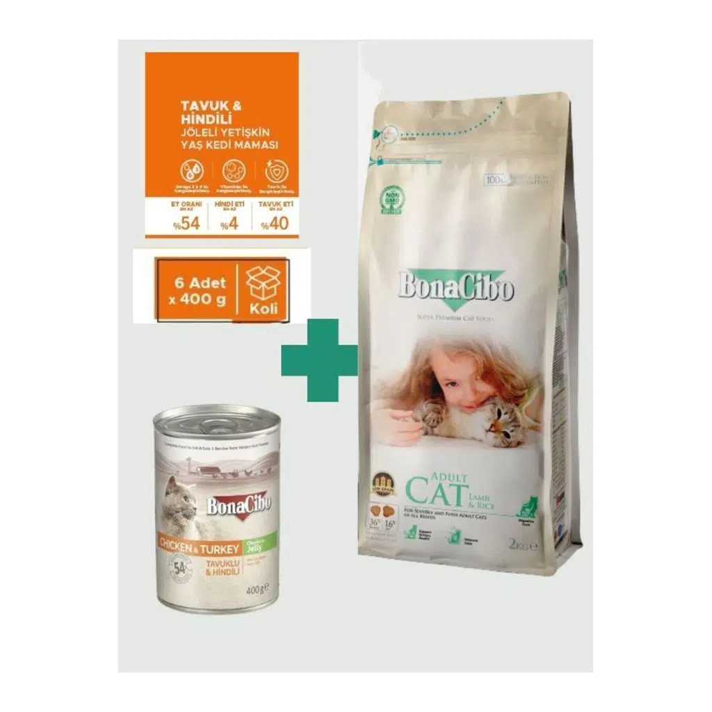 Bonacibo Kuzulu Yetişkin Kedi Maması 2 Kg + 6 Adet 400 gr Tavuklu Yaş Mama Seti