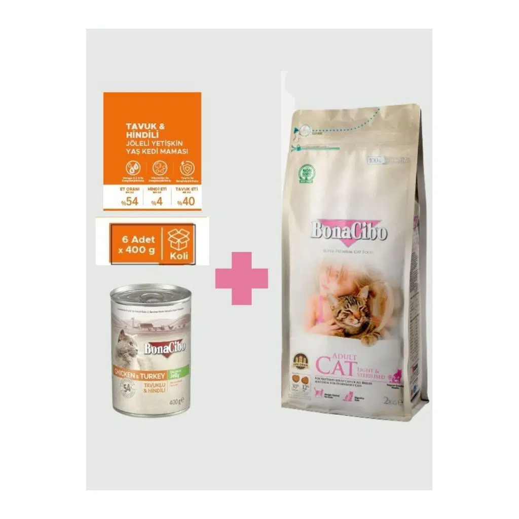 Bonacibo Light & Sterilised Kedi Maması Seti (2 Kg Kuru + 6x400 gr Tavuk ve Hindi Konserve)