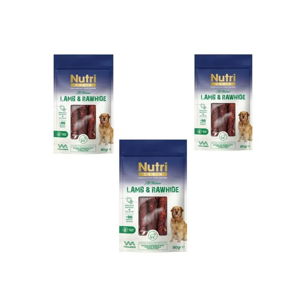 Nutri Canin Rawhide Kuzu Eti Sarılı Kemik Köpek Ödülü 80 gr x 3 Adet et