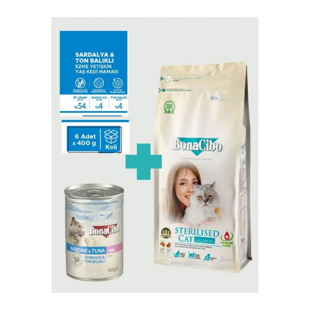 Bonacibo Sterilised Somonlu Kedi Maması 2 Kg & Deniz Ürünlü Yaş Mama Seti (6x400 gr)