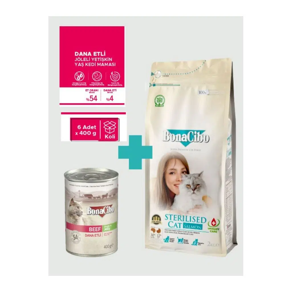 Bonacibo Sterilised Somonlu Kedi Maması 2 Kg & Sığır Etli Soslu Konserve Seti (6x400 gr)