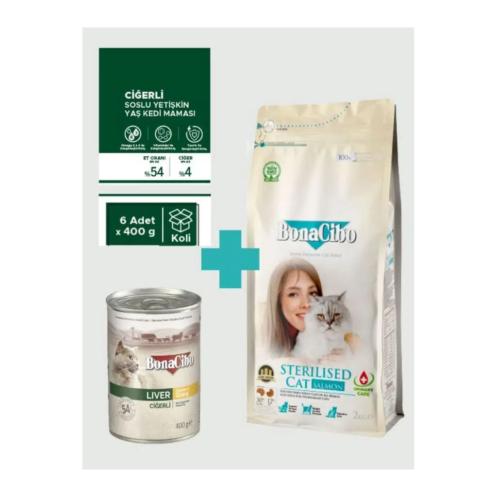 Bonacibo Sterilised Somonlu Kedi Maması 2 Kg & Soslu Ciğerli Yaş Mama Seti (6x400 gr)