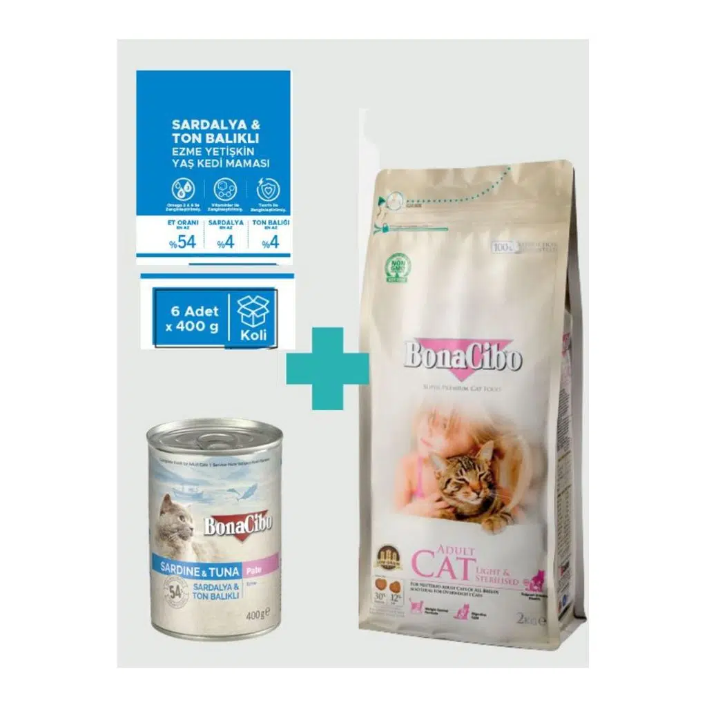 Bonacibo Tavuklu Kısır Kedi Maması 2 Kg & Deniz Ürünlü Ezme Yaş Mama Avantaj Paketi (6x400 gr)