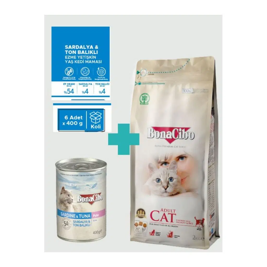 Bonacibo Tavuklu Kuru Mama 2 Kg & Deniz Ürünlü Ezme Yaş Mama Avantaj Paketi (6x400 gr)