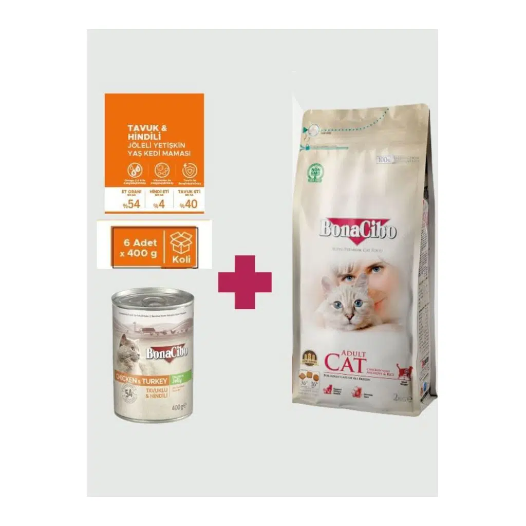 Bonacibo Yetişkin Kedi Maması Seti (2 Kg Tavuklu Kuru + 6x400 gr Tavuk & Hindi Konserve)