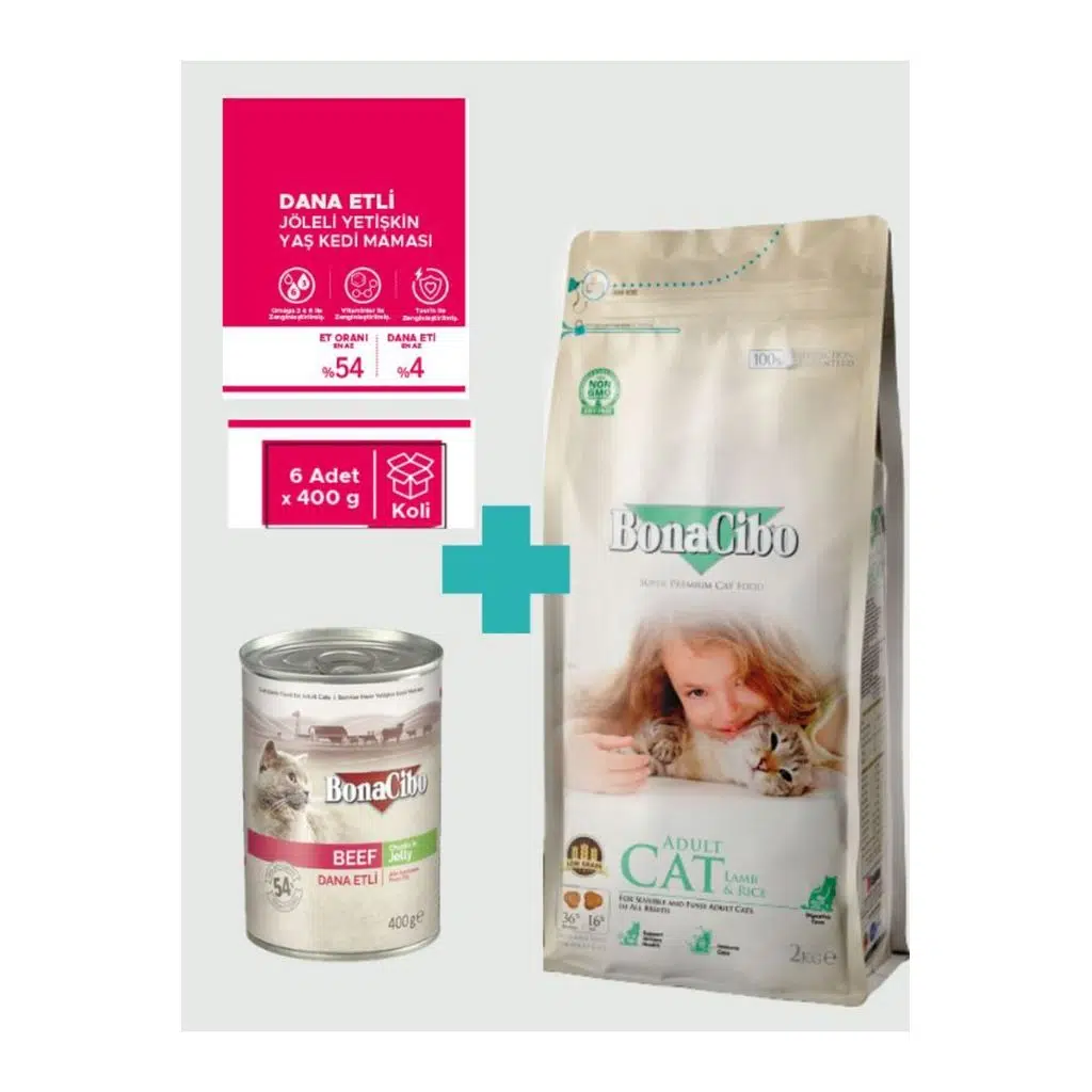 Bonacibo Yetişkin Kuzulu Kuru Mama 2 Kg & Soslu Sığır Etli Konserve Avantaj Paketi (6x400 gr)