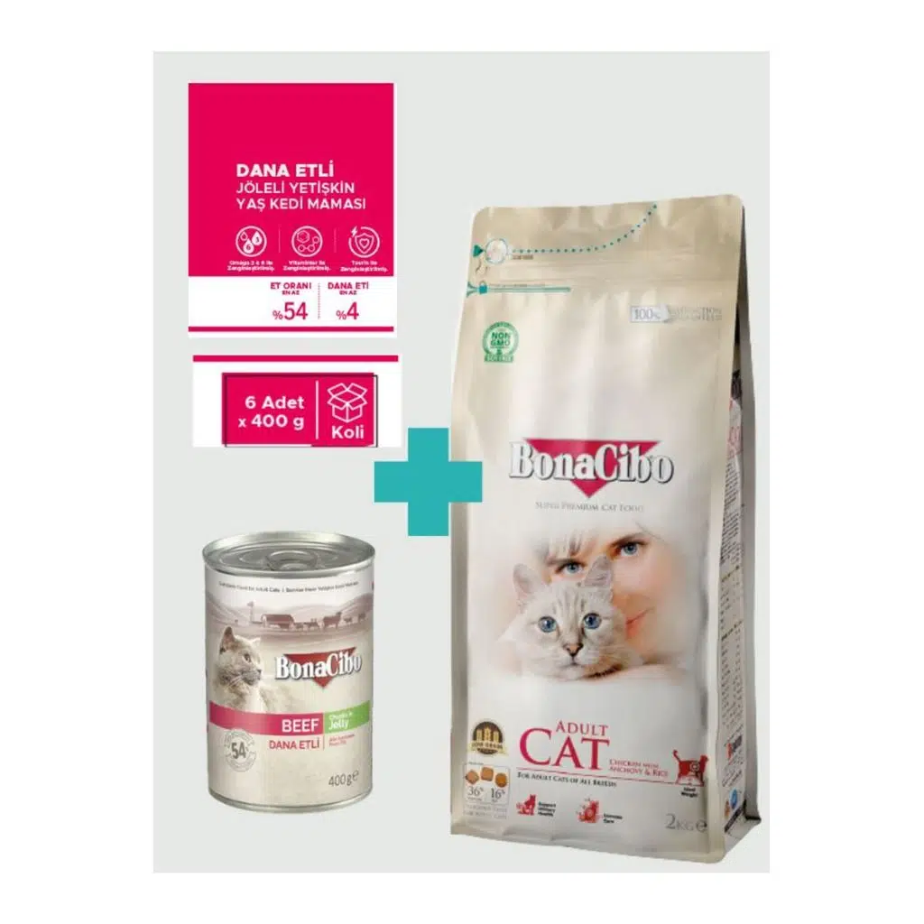 Bonacibo Yetişkin Tavuklu Kuru Mama 2 Kg & Sığır Etli Soslu Konserve Seti (6x400 gr)